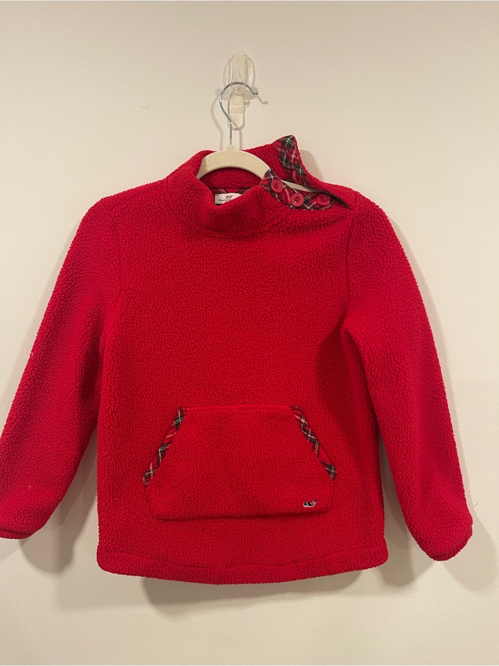 Vineyard Vines Red Sherpa Turtleneck Pullover with Plaid Trim